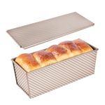 Bakeley Commercial Pullman Loaf Pan with Lid, 2.2Lb Dough Capacity Non-Stick Rectangle Corrugated Carbon Steel Bread Toast Mold with Cover for Baking Bread (Champagne Gold)