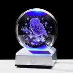 Ornalrist 3.15" Crystal Ball 3D Engraved Owl with Snowflake Gifts for Women Men Children Glass Sphere with LED Colorful Base Ideas on Birthday Christmas for Home Decor Figurine