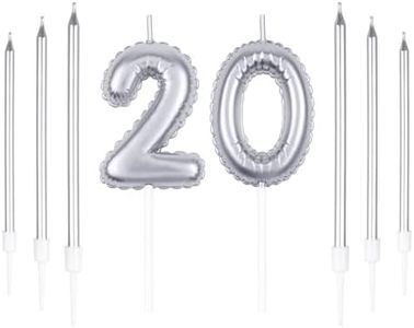 Silver Birthday Candle Set,Number 20 Candels with 6Pcs Long Candles, 20 Candles Set,20th Birthday Candle Set,Happy Birthday Candle,Cake Candles Decorations for Birthday Party Wedding Anniversary