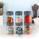 CELLO Modustack Glassy Storage Jar | Glass Jar with Lid | Air Tight Steel Lid and Stackable | For Storage of Food, Pulses, Spice, Cereals, Cookies, Dry Food | Set of 6 | 750ml, Grey