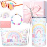 Havawish 7 Pcs Big Sister Gift 14oz Pink Sister Cup Vacuum Insulated Tumbler with Straw and Brush Big Sister Bracelet Party Sunglasses Makeup Bag Gift Box Envelope Greeting Card for Wedding Party