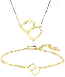 HUASAI 2Pcs Large Initial Pendant Necklace Oversize Alphabet Letter Bracelet Monogram Jewelry Set For Women
