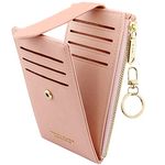 Favydov RFID Blocking Compact Slim Wallet for Women PU Leather 11 Card Holder Zipper Coin Purse Money Organizer with Keychain Pale Pink