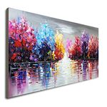 Large Hand Painted Purple Abstract Textured Tree Wall Art Lake Landscape Oil Painting on Canvas, 60 x 30 inch