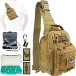 Dovesun Small Fishing Backpack, Fly Fishing Sling Pack Waterproof Fishing Backpack with Tackle Boxes | Rod Holder Fishing Tackle Bag Shoudler Fishing Gear for Men Khaki