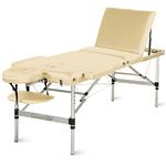 GreenLife® Basic™ Portable 3 Fold 28 Inches Width Aluminum Massage Reiki Facial Table Bed with Free Carrying Bag & Head Rest & Arm Rests (All Included, Cream)