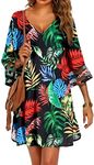 Ekouaer Women's Beach Coverups 3/4 Mesh Sleeve Bathing Suit Cover Ups Hawaiian Print Beach Dress Loose Fit Swimwear Beach Dress