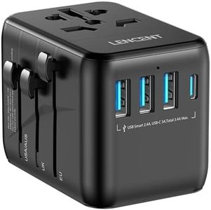 LENCENT Universal Travel Adapter, International Charger with 3 USB Ports & Type-C PD Charging Adaptor for Cellphones,Laptop, All in One Travel Plug Adapter for Over 200 Countries (USA UK EU AUS) Black