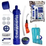 HydraMate Water Filter Straw Kit - Outdoor Survival Equipment - 3 Layers of Filtration Including Carbon Charcoal Filter >1500L - Includes Foldable Bottle & More!