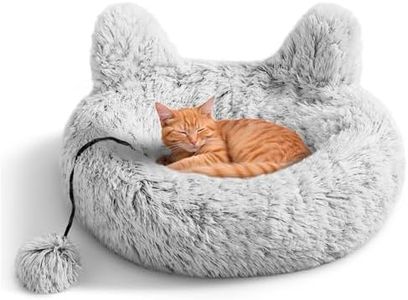 Navaris Fluffy Donut Cat Bed - Pet Cushion for Indoor Cats - Cute Design with Kitty Ears and Cat Toy Tail - Machine Washable - 19.7" (50cm) Diameter - Gray