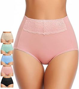 MISSWHO Women's High Waisted Cotton Underwear Soft Breathable Full Coverage Stretch Briefs Ladies Panties 5-Pack, Black, Blue, Green, Nude, Pink-5 Pack, Medium