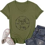 Faith Over Fear Arrow Letters Print T Shirt Women Short Sleeve V Nece Christian Tops Tee Blouse, Army Green, Medium