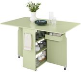 Best Choice Products Folding Dining Table, Multipurpose Space Saving Collapsible Drop Leaf Extension Desk w/Wheels, 3 Storage Shelves - Sage Green