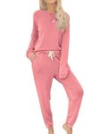 Bunanphy Plus Size Pajamas Set for Women Long Sleeve Solid PJ Sets Crew Neck Soft Loungwear Ladies Casual Sleepwear with Pockets Pink XX-Large