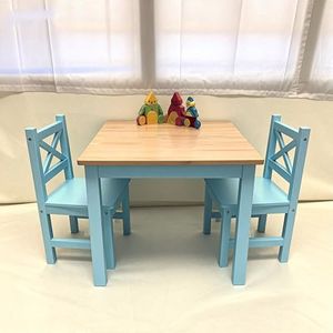 PETIT BATEAU Solid Wood Kids Table and 2 Chairs Set,Montessori Modern AMMEHOELA Irish Designer for 2-8 Years Toddler,TranquilBlue