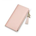 Wallets for Women Leather Cell Phone Case Holster Bag Long Slim Credit Card Holder Cute Minimalist Coin Purse Thin Large Capacity Zip Clutch Handbag Wallet for Girls Ladies (Pink)