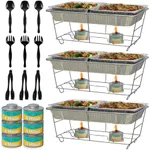 3-Pack Disposable Chafing Dish Buffet Set + Fuel + Serving Utensils - Full Size Buffet Warmers with 6 Half Size Food Pans, 4 Hour Fuel Cans, 9 Serving Utensils, Frame, for Catering and Parties