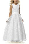 A line Wedding Pageant Lace Flower Girl Dress with Belt 2-12 Year Old (White,8-9Y)