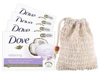 Dove Relaxing Moisturising Soap x 4 bars with 1 x Exfoliating Soap Saver Pouch bundle by Wundle (Coconut Milk & Jasmine Petals)