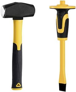 KURUI 3lb Sledge Hammer & Flat Chisel with Hand Protection for Tile/Rock/Masonry/Concrete/Brick/rockhounding, Mason Flat Head Chisel & Small Drilling Hammer with Anti-Slip Handle