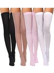 4 Pairs Women's Silk Thigh High Stockings Nylon Socks for Women Halloween Cosplay Costume Party Tights Accessory (Black, White, Skin Color, Pink,F Size)