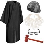 Hillban 5 Pcs Halloween Judge Costume Judge Robe False Collar and Wooden Gavel Wig and Glasses (Pearls Collar)