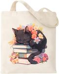 Haukea Cute Black Cat Canvas Tote Bag Aesthetic Book Flower Tote Bags with Zipper Pockets Gifts for Cat Book Lovers Library Bag