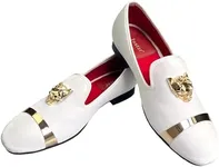 Justar Men's Velvet Loafers Slippers with Gold Buckle Wedding Dress Shoes Slip-on Smoking Flats (10, White)