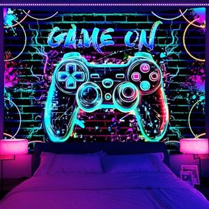 Black Light Gaming UV Reactive Tapestry, Cool Gamer Neon Gamer Glow in The Dark Posters Tapestry for Boys Men's Room, Funny Game Over Video Game Abstract Tapestries for Bedroom, Play Room 60X40IN