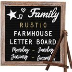 Brown Frame Farmhouse Rustic Black Felt Letter Board 10x10 Inches with Stand Easel + 748 Pre-cut Letters + 11 Cursive Words Shabby Chic Wood Changeable Message Board with Letters (White & Metal Gold) Office Business Sign Boards Home Décor Felt Board