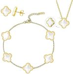 OSIRIDEH2 Clover Jewelry Set 18K Gold Plated Stainless Steel Necklace with Flower Design Four leaf clover for Women, Elegant Four Leaf Clover Necklace Floral Style Jewelry Gift (White 3pcs-00),