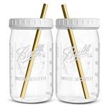 Reusable Wide Mouth Smoothie Cups Boba Tea Cups Bubble Tea Cups with Lids and Gold Straws Mason Jars Glass Cups (2-pack, 32 oz mason jars)