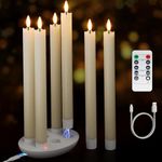 Rechargeable Flameless Taper Candles with Charging Station, 6 Pcs Real Wax LED Taper Candles Flickering with Remote&Timer, 3D Flame Battery Candlesticks for Home Wedding Christmas Decor (Ivory)