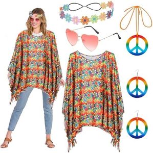 Shengruili Disfraz de los años 60 y 70 para mujer, juego de poncho hippie para mujer, conjunto con accesorios hippie, vestido hippie para mujer, discoteca, Halloween, hippie, juego de vestido para