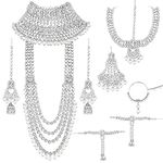 Peora Ethnic Indian Traditional Silver Plated Bras Alloy Kundan Dulhan Bridal Jewellery Set with Choker Earrings Maang Tikka Hathphool for Women Girls, Rhodium White