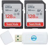 SanDisk 128GB SDXC SD Ultra Memory Card (Two Pack) Works with Canon EOS Rebel T7, Rebel T6, 77D Digital Camera Class 10 (SDSDUN4-128G-GN6IN) Bundle with (1) Everything But Stromboli Combo Card Reader