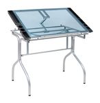 Studio Designs Folding Modern Glass Top Adjustable Drafting Table Craft Table Drawing Desk Hobby Table Writing Desk Studio Desk, 35.25" W x 23.75" D, Silver/Blue Glass