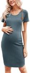 Ekouaer Maternity Dress Rib Knit Short Sleeve Bodycon Dresses Casual Stretchy Pregnancy Baby Shower Clothes Blue Small