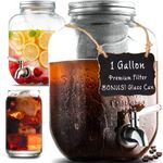 Cold Brew Coffee Maker Serving Set Drink Dispenser & Premium Stainless Steel Weaved Mesh Coffee Filter & SS Spigot, 1 Gallon Extra Thick Large Glass Carafe Iced Coffee Maker & Tea Pitcher with Infuser