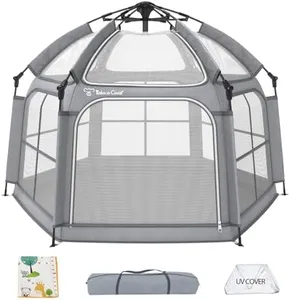 Baby Playpen with Canopy, Portable Indoor & Outdoor for Baby and Toddler, Foldable Pop up Playpen with Mat, Play Yard with Travel Bag, 6 Ground Stakes, 6 Sand Stakes