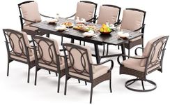 PHI VILLA 9-Piece Outdoor Patio Table and Chairs Set Heavy Duty Furniture Dining Sets with 8 Large Metal Wicker Chairs, 1 6/8 Person Extendable Rectangular Table for Deck Garden Yard