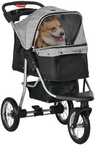 PawHut Luxury Pet Stroller Lightweight Dog Cat Travel Carriage with 3-Rubber Wheels, One-click Folding Design, Adjustable Canopy, Zippered Mesh Window Door, Grey