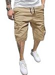 JMIERR Men's Casual Twill Cargo Shorts Cotton Drawstring Classic Cargo Stretch Short with 6 Pockets for Men, US38(XL), A Khaki