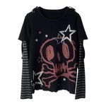 Pbkabiug Y2K Tshirt Long Sleeve Faux Two Piece Harajuku Loose Punk Tees Casual Rock Emo Grunge Aesthetic Tops, Black, Small