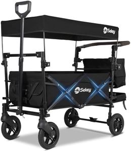 Sekey Kids Folding Handcart Wagon with Removable Canopy, Versatile Foldable Transport Trolley for Family Outings Including Shockproof PU Wheels, 220LBS(100KG) Weight Capacity, Push Handle, Black