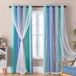 XiDi Curtains for Bedroom 84 Drop Double Layer Star Cutout Decoration Curtains with Voile for Adult Kids Room Sliding Glass Door Rainbow Curtains for Large Window 52 Inch Wide Green Blue Grey, 2Pcs