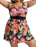 Hanna Nikole Womens Plus Size Tankini Swimdress Two Piece Tummy Control Flowy Swimsuit with Boyshorts Orange Flowers