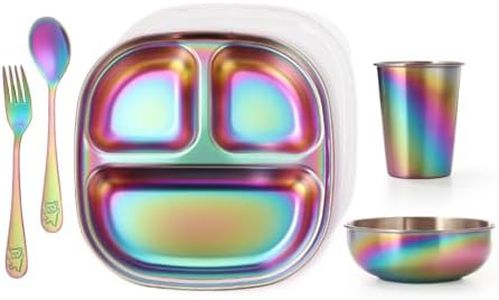 Aieve Stainless Steel Kids Plates and Bowls, 5 Pcs Kids Dinnerware Set Includes Stainless Steel Toddler Plate with Lid, Utensils, Cup and Bowl