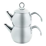 Karaca Belinay Teapot Set, Medium,18/10 Stainless Steel, Turkish Tea Set, Tea Maker, Teapot & Lid (1L 2.2lb) Tea Kettle (1.6L 3.5lb), Tea Sieve, Turkish Tea Maker, Double Teapots, Durable, Silver