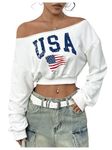 SweatyRocks Women's Off the Shoulder Crop Tops Long Sleeve Letter Graphic Sweatshirts, White, Small